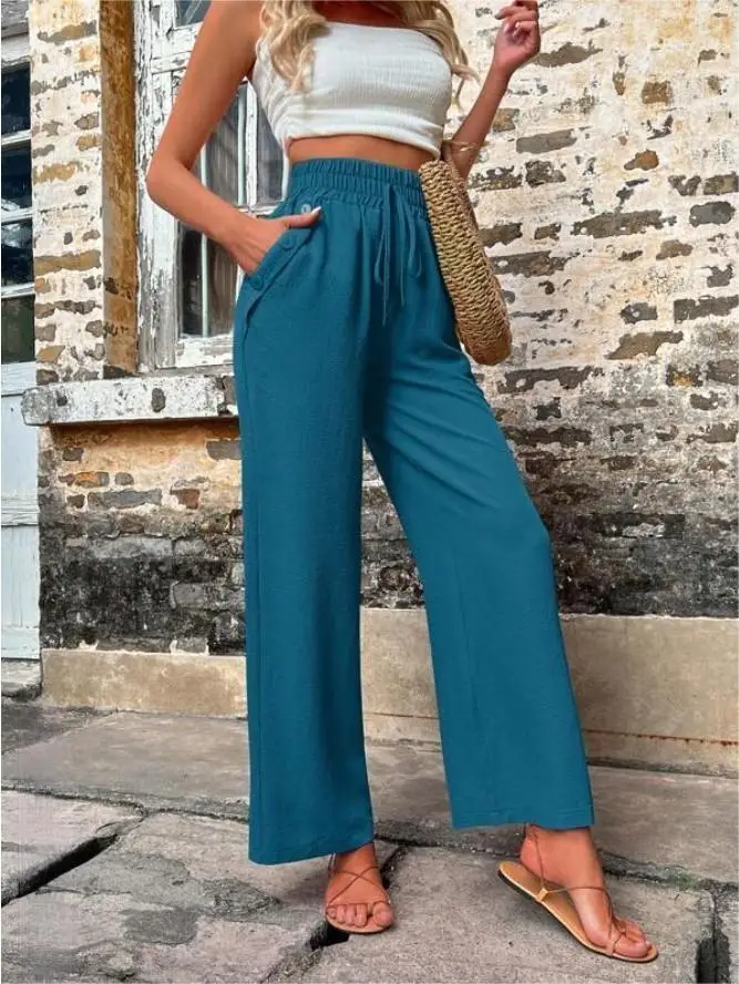 Women's Elastic High Waist Loose Pants Teal - Image 7