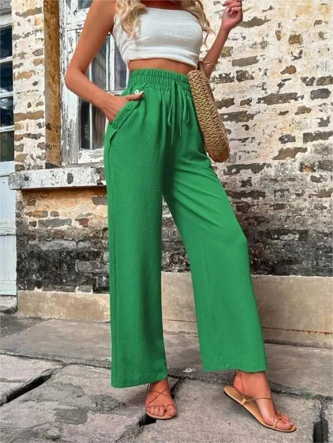 Women's Elastic High Waist Loose Pants Teal - Image 8
