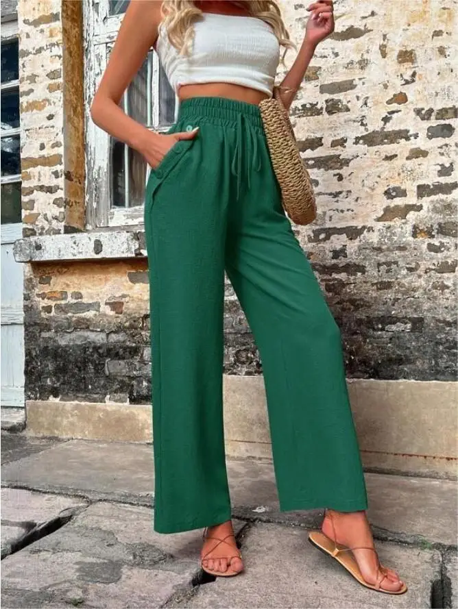 Women's Elastic High Waist Loose Pants Teal - Image 9