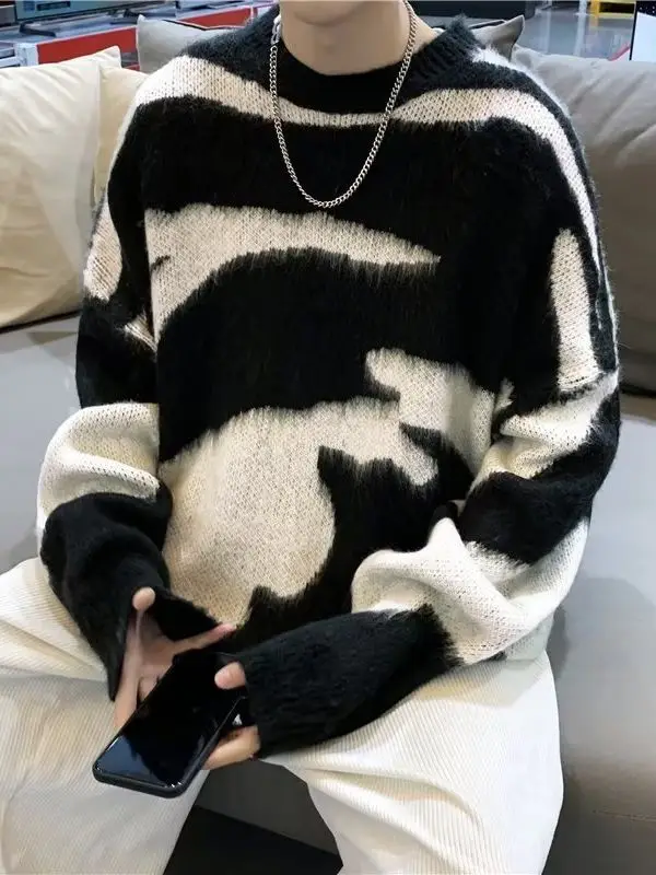 Men Black Cream Striped Fleece Sweatshirt Round Neck - Image 3