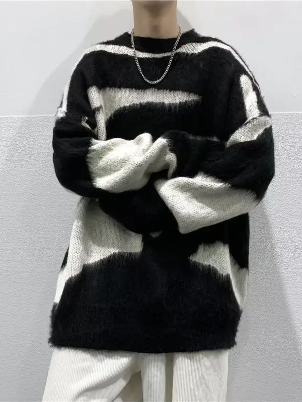 Men Black Cream Striped Fleece Sweatshirt Round Neck - Image 4