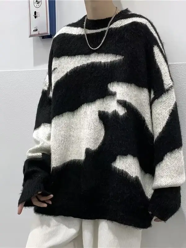 Men Black Cream Striped Fleece Sweatshirt Round Neck - Image 5