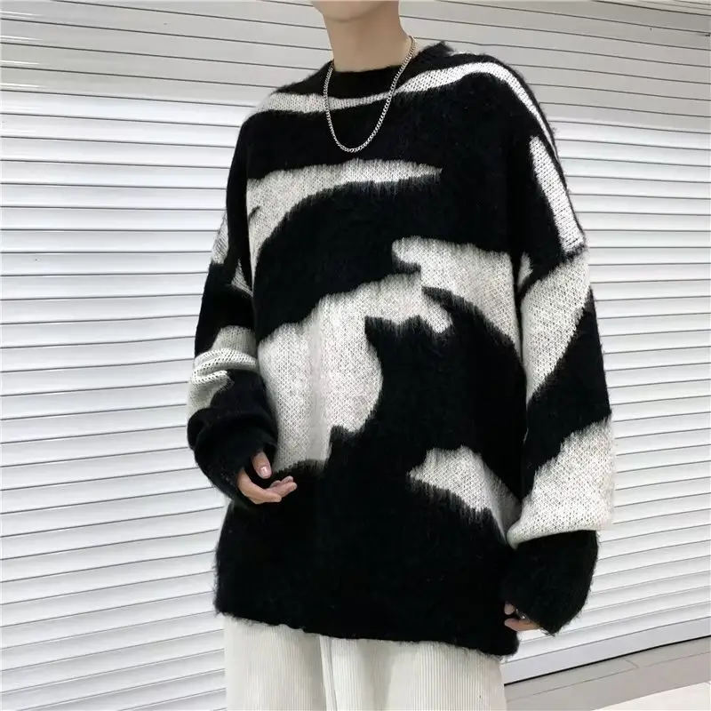 Men Black Cream Striped Fleece Sweatshirt Round Neck — feature 14