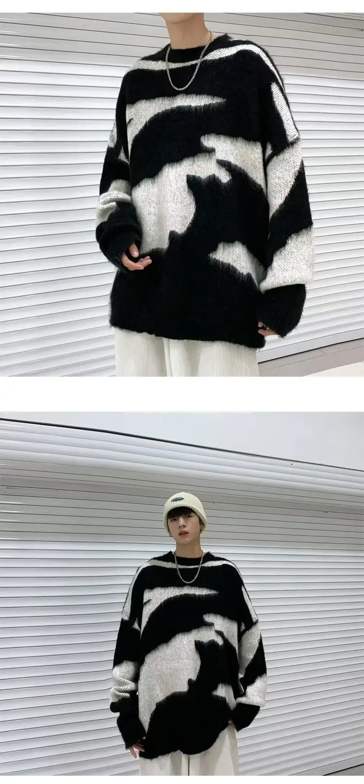 Men Black Cream Striped Fleece Sweatshirt Round Neck — feature 16