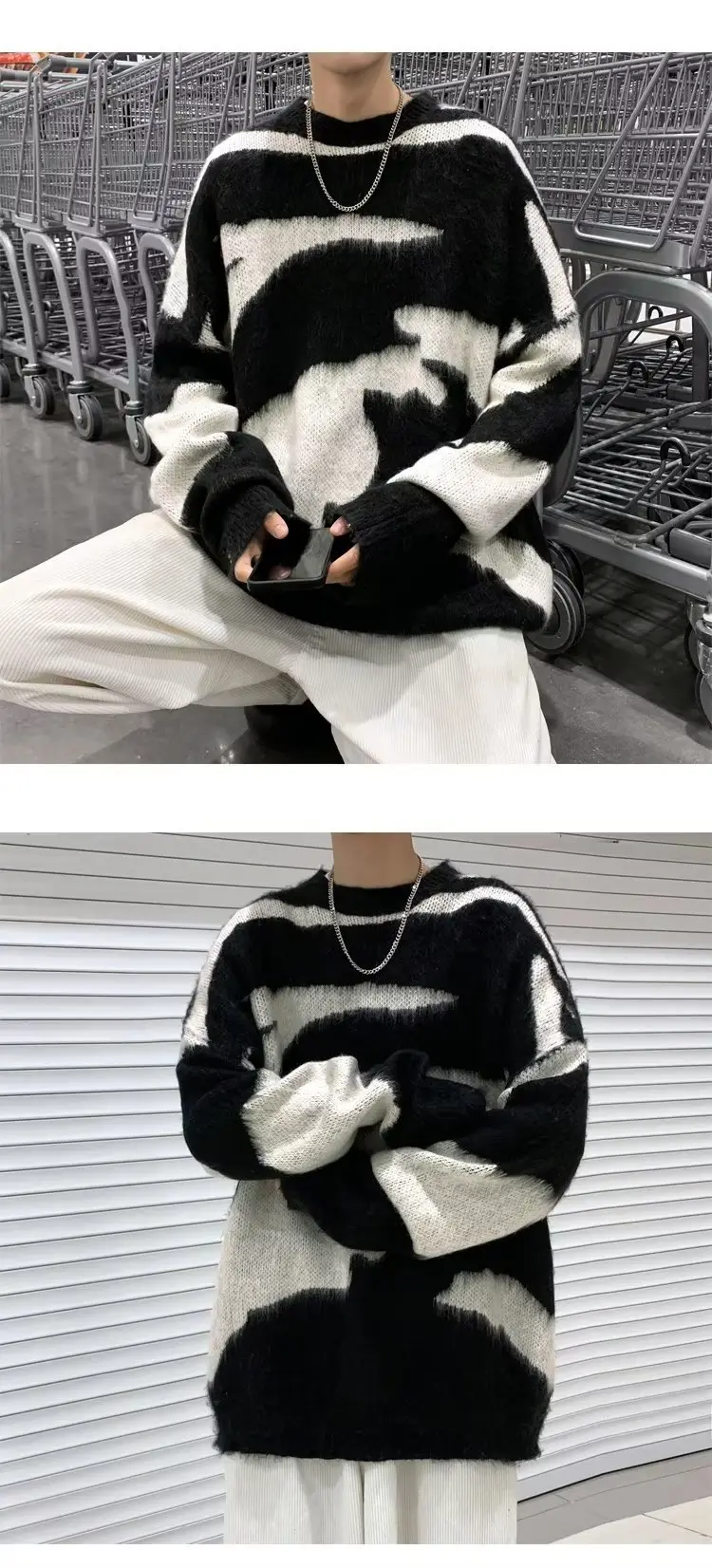 Men Black Cream Striped Fleece Sweatshirt Round Neck — feature 17