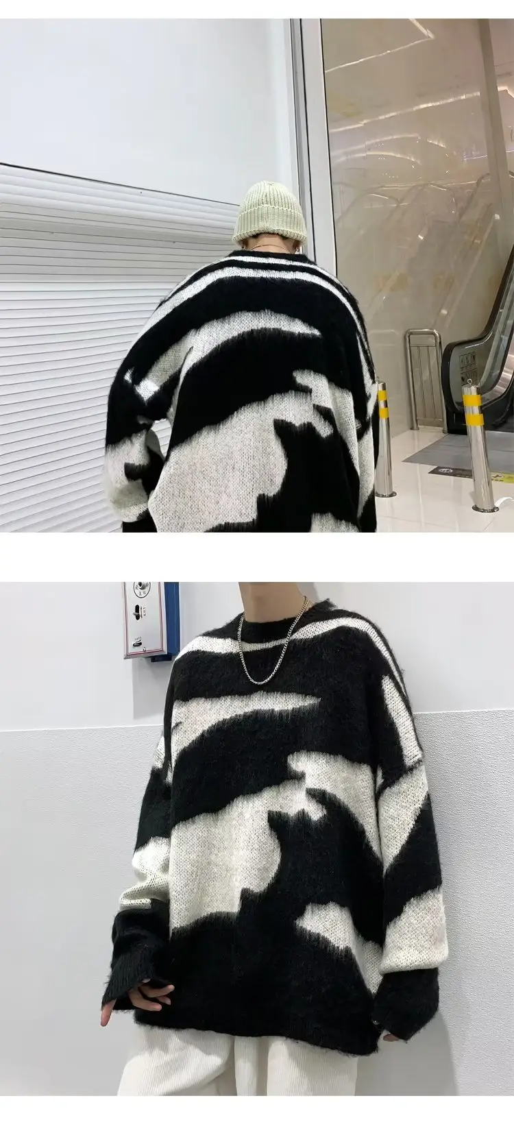 Men Black Cream Striped Fleece Sweatshirt Round Neck — feature 19