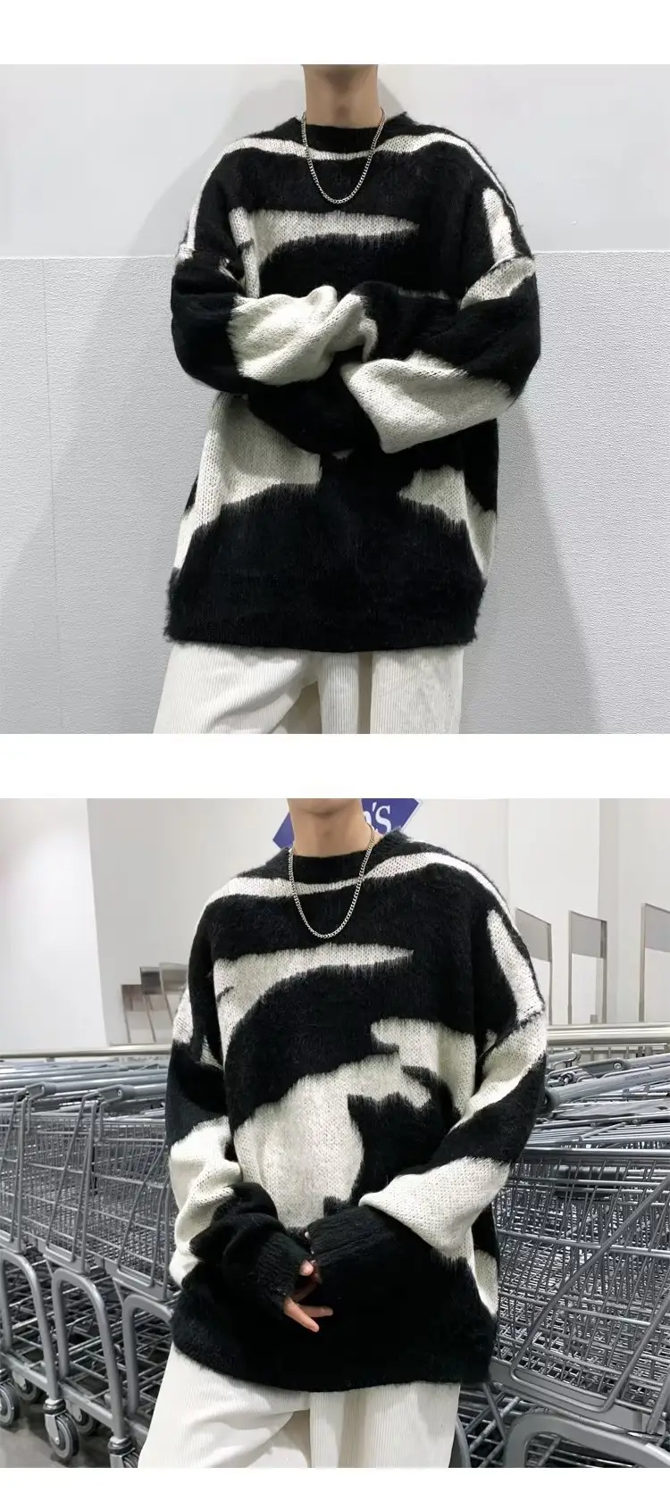 Men Black Cream Striped Fleece Sweatshirt Round Neck — feature 20