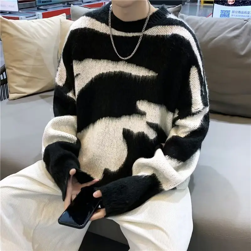 Men Black Cream Striped Fleece Sweatshirt Round Neck — feature 6
