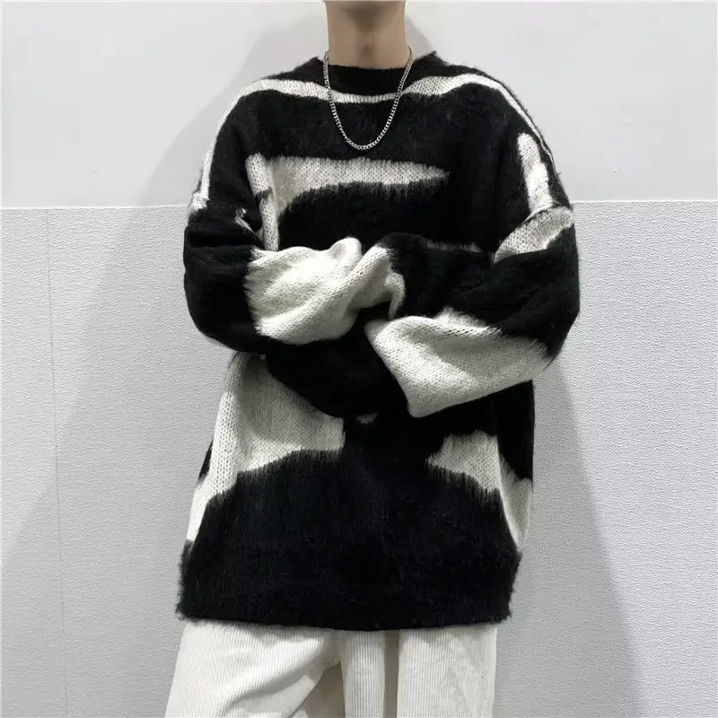 Men Black Cream Striped Fleece Sweatshirt Round Neck — feature 7