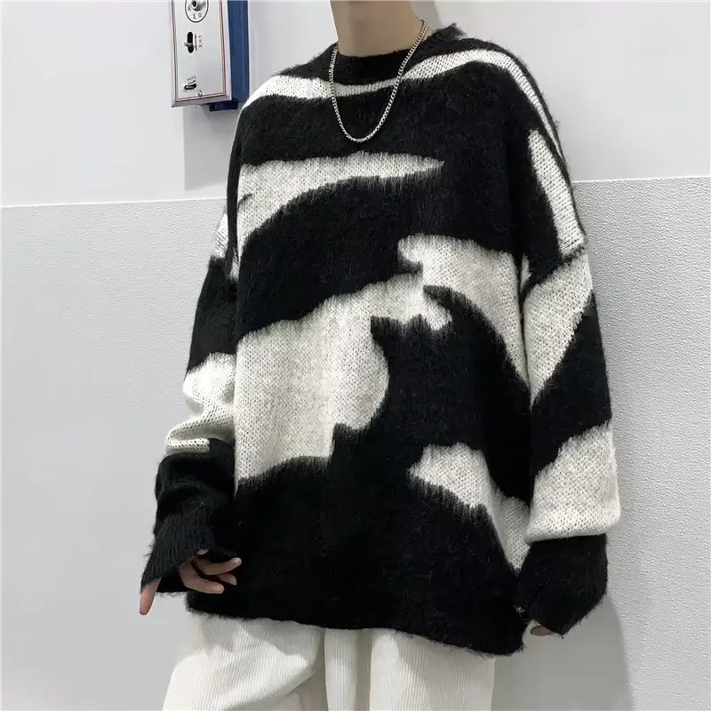 Men Black Cream Striped Fleece Sweatshirt Round Neck — feature 8