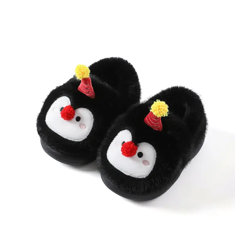 Children's Cotton Slippers, New Autumn and Winter Models, Home Use, Penguin Cartoon Design, for Boys and Girls, Small, Medium, and Large Children, New Warm Slippers with Heel Coverage
