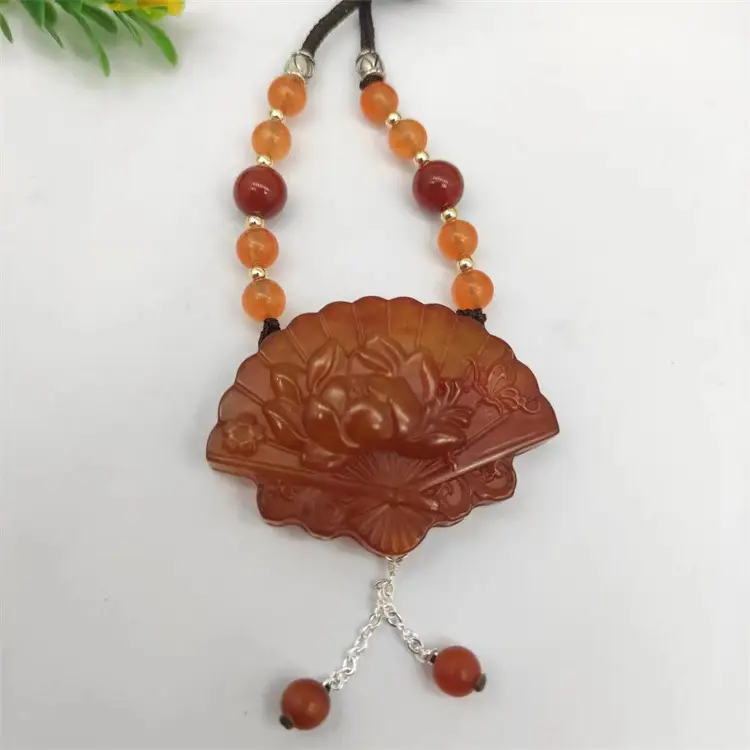 Xiuyu Jade Peony Flower Pendant with Red Beads - Image 6