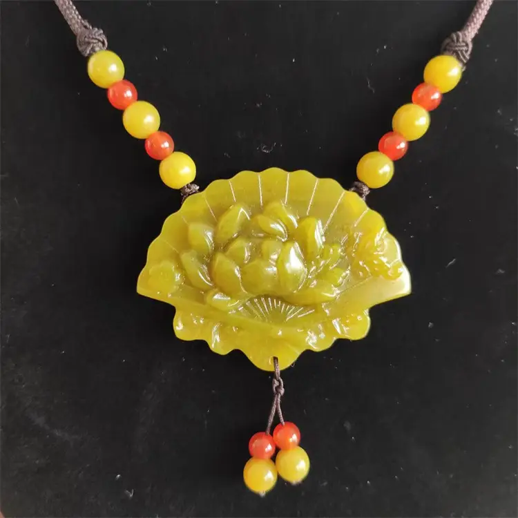 Xiuyu Jade Peony Flower Pendant with Red Beads - Image 3