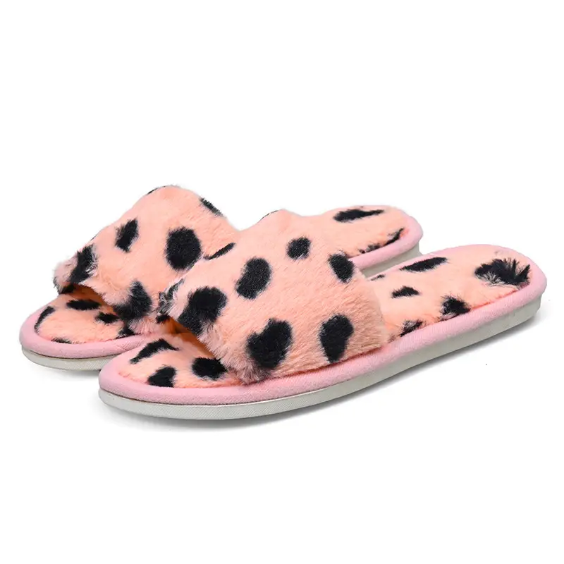 Slippers for Women New Plush Leopard Print Furry Four-Season Non-Slip Silent Indoor and Outdoor Wear One-Word Women's Home Cotton Slippers