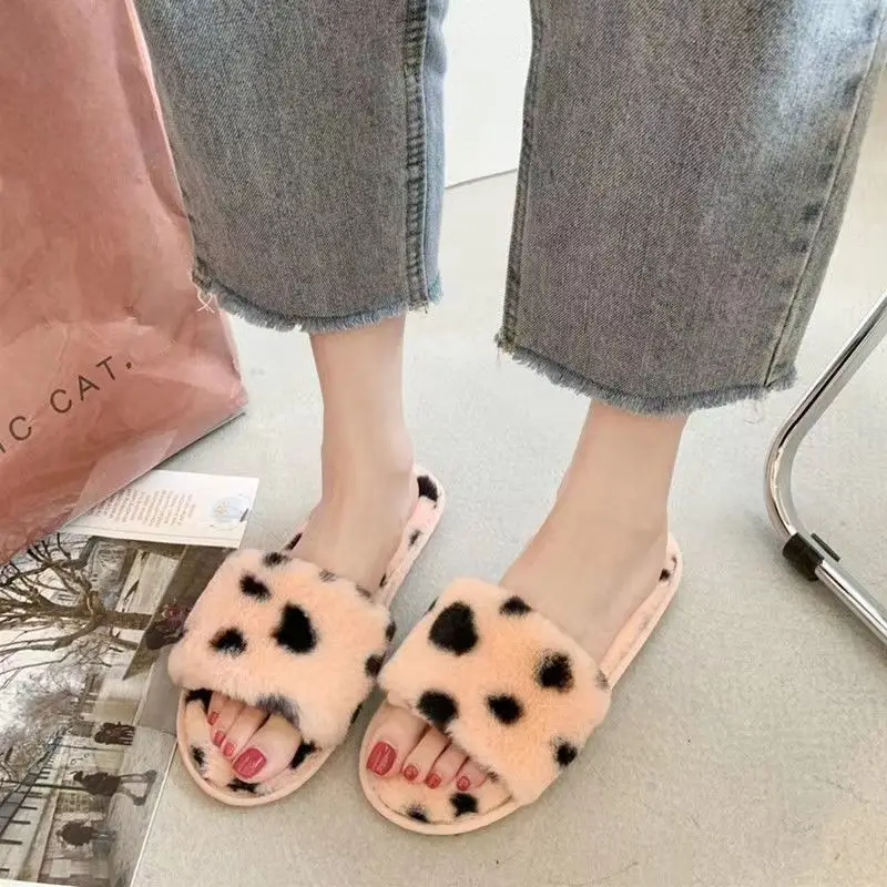 Slippers for Women New Plush Leopard Print Furry Four-Season Non-Slip Silent Indoor and Outdoor Wear One-Word Women's Home Cotton Slippers — feature 10