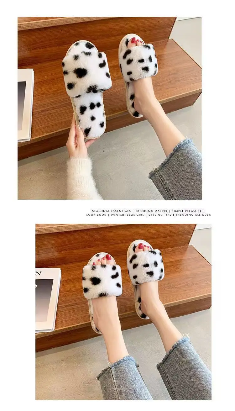 Slippers for Women New Plush Leopard Print Furry Four-Season Non-Slip Silent Indoor and Outdoor Wear One-Word Women's Home Cotton Slippers — feature 11