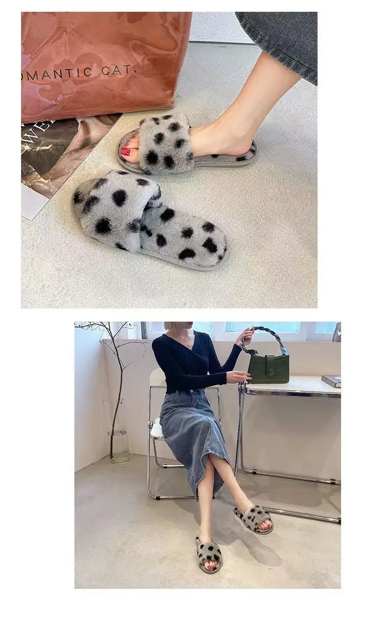 Slippers for Women New Plush Leopard Print Furry Four-Season Non-Slip Silent Indoor and Outdoor Wear One-Word Women's Home Cotton Slippers — feature 12