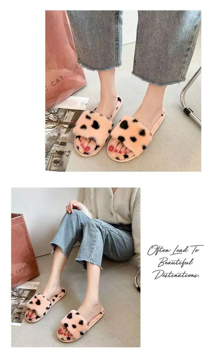 Slippers for Women New Plush Leopard Print Furry Four-Season Non-Slip Silent Indoor and Outdoor Wear One-Word Women's Home Cotton Slippers — feature 13
