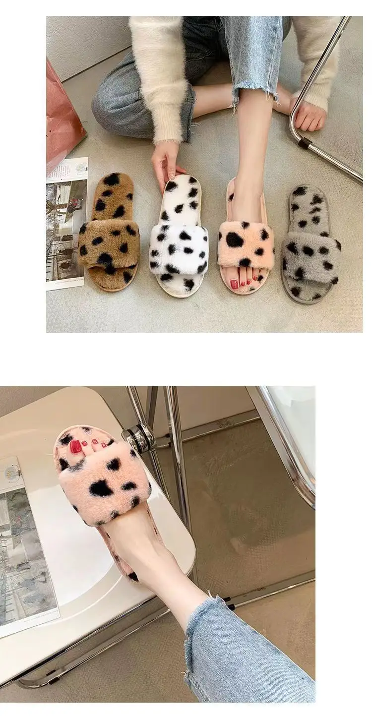 Slippers for Women New Plush Leopard Print Furry Four-Season Non-Slip Silent Indoor and Outdoor Wear One-Word Women's Home Cotton Slippers — feature 14