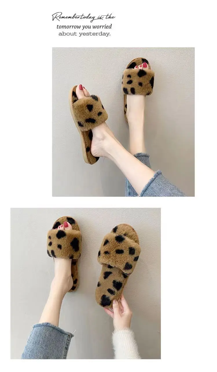 Slippers for Women New Plush Leopard Print Furry Four-Season Non-Slip Silent Indoor and Outdoor Wear One-Word Women's Home Cotton Slippers — feature 15