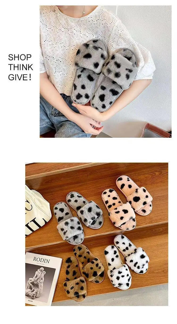Slippers for Women New Plush Leopard Print Furry Four-Season Non-Slip Silent Indoor and Outdoor Wear One-Word Women's Home Cotton Slippers — feature 16