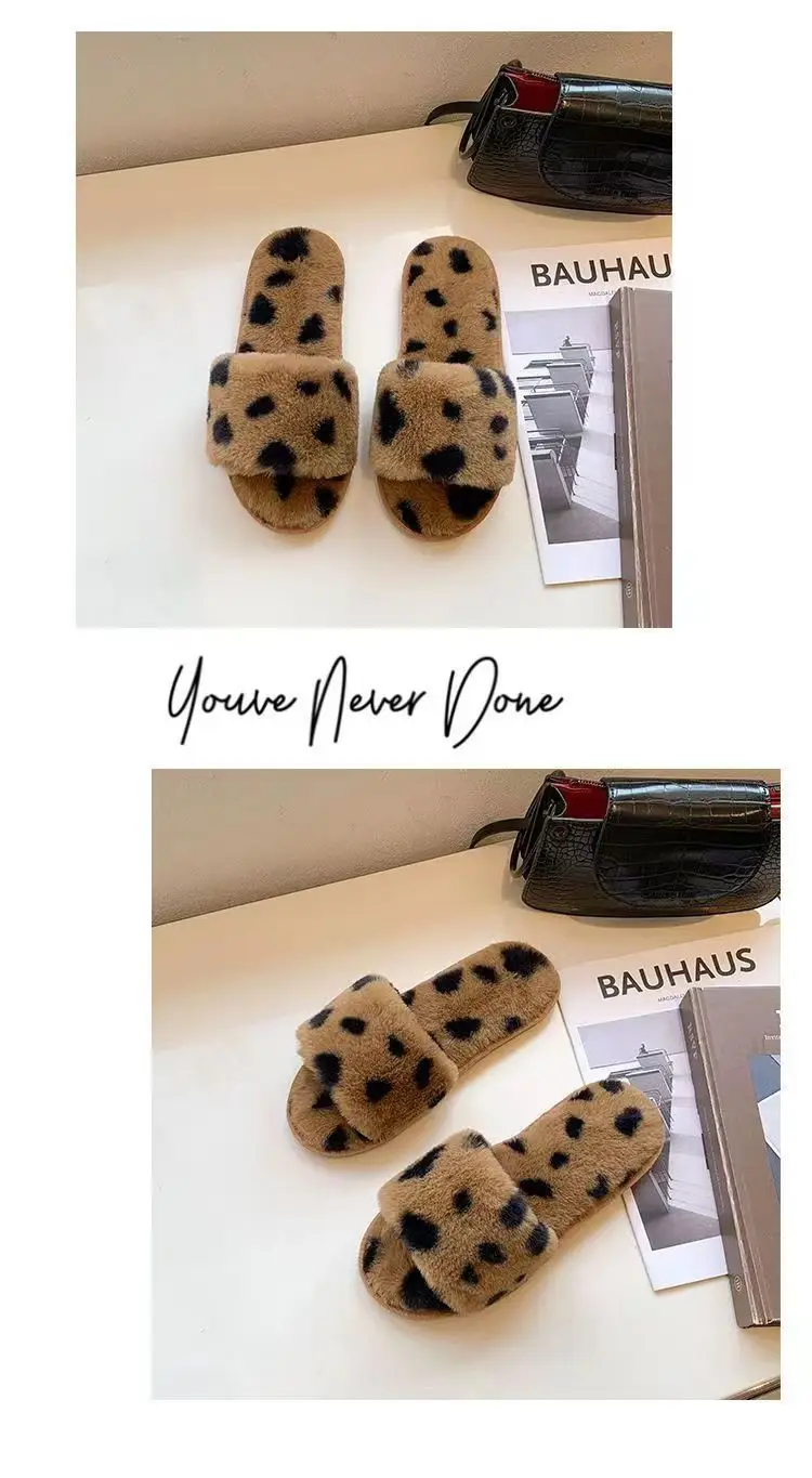 Slippers for Women New Plush Leopard Print Furry Four-Season Non-Slip Silent Indoor and Outdoor Wear One-Word Women's Home Cotton Slippers — feature 17