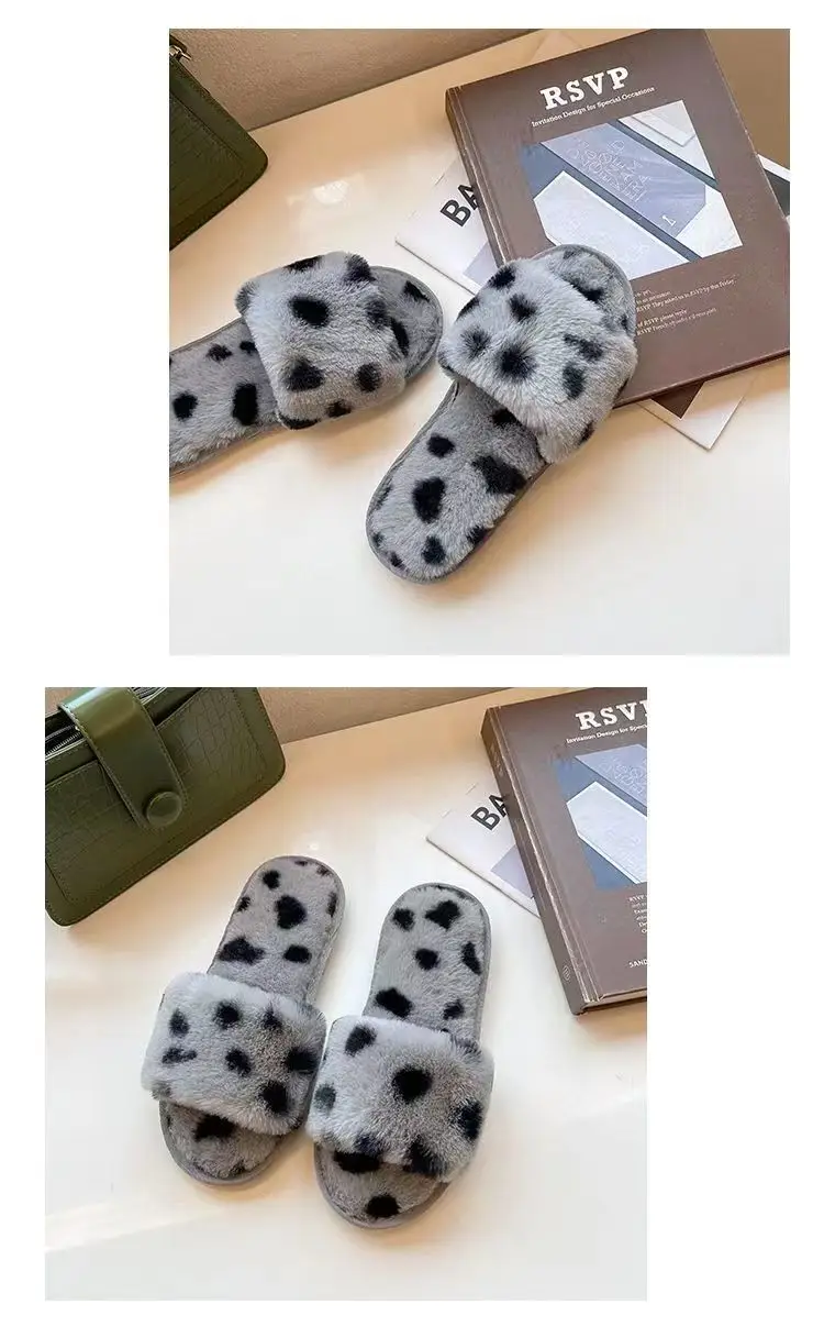 Slippers for Women New Plush Leopard Print Furry Four-Season Non-Slip Silent Indoor and Outdoor Wear One-Word Women's Home Cotton Slippers — feature 18