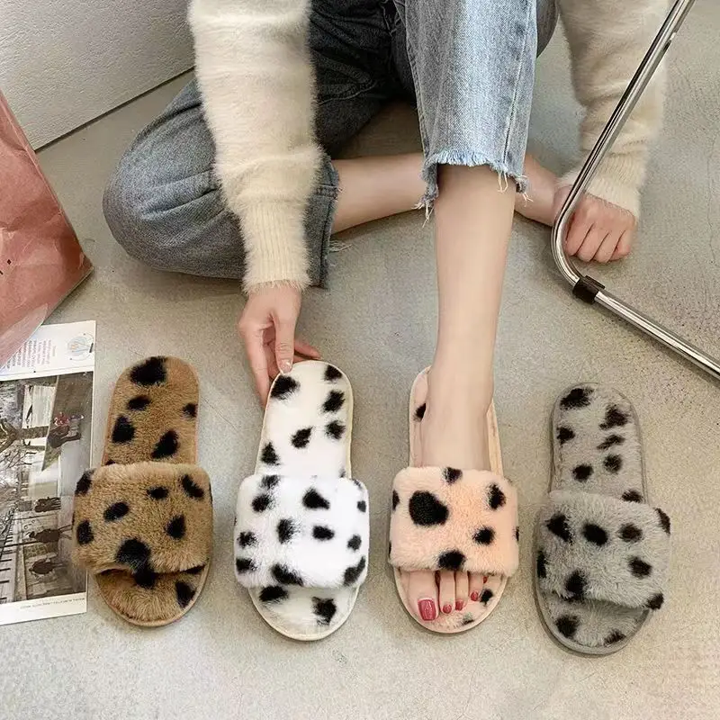 Slippers for Women New Plush Leopard Print Furry Four-Season Non-Slip Silent Indoor and Outdoor Wear One-Word Women's Home Cotton Slippers — feature 2