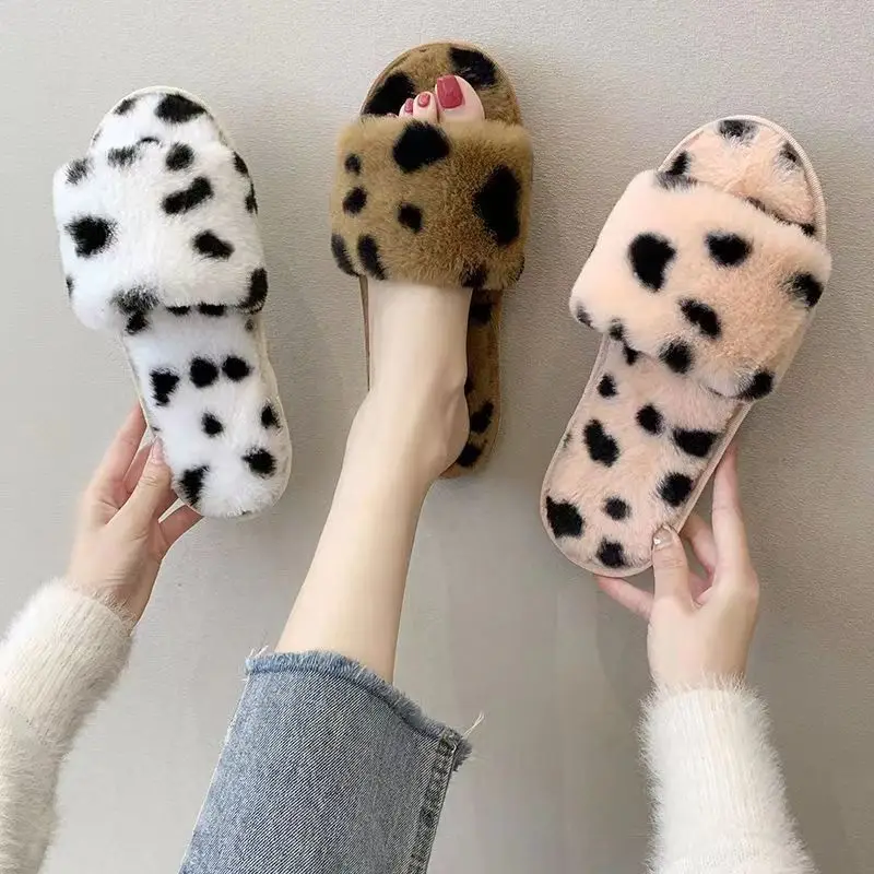 Slippers for Women New Plush Leopard Print Furry Four-Season Non-Slip Silent Indoor and Outdoor Wear One-Word Women's Home Cotton Slippers — feature 5