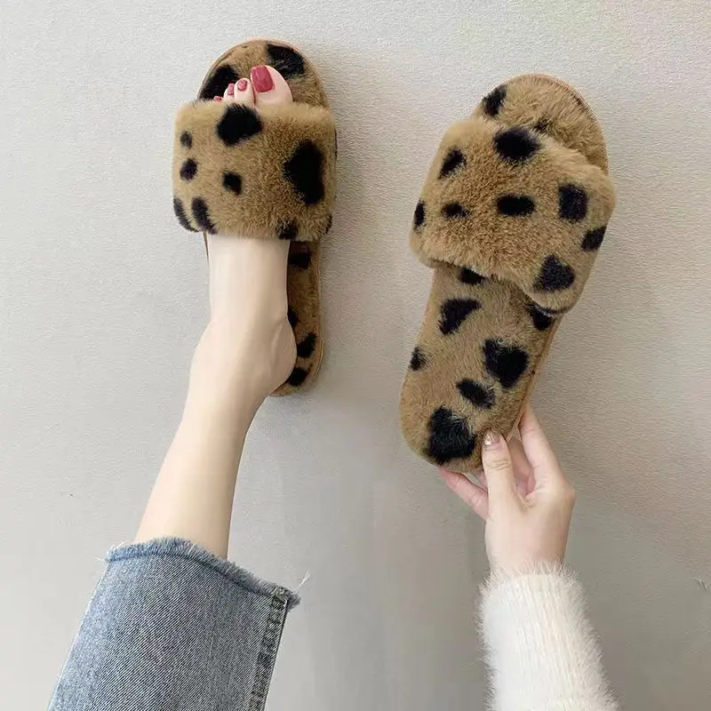 Slippers for Women New Plush Leopard Print Furry Four-Season Non-Slip Silent Indoor and Outdoor Wear One-Word Women's Home Cotton Slippers — feature 6