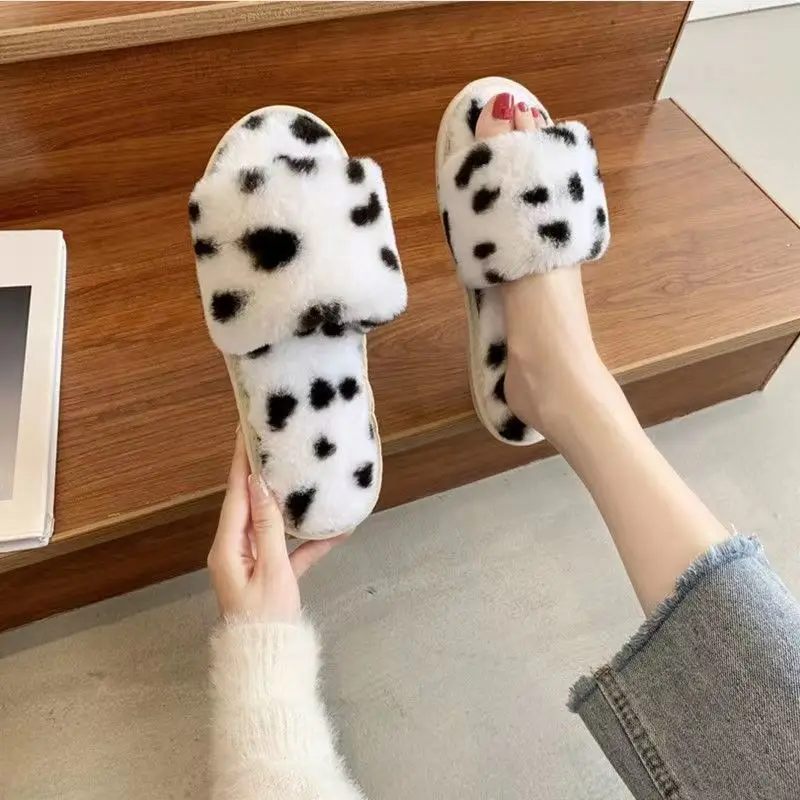 Slippers for Women New Plush Leopard Print Furry Four-Season Non-Slip Silent Indoor and Outdoor Wear One-Word Women's Home Cotton Slippers — feature 7