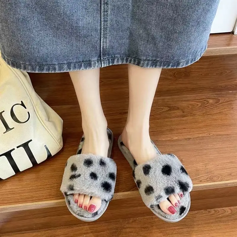 Slippers for Women New Plush Leopard Print Furry Four-Season Non-Slip Silent Indoor and Outdoor Wear One-Word Women's Home Cotton Slippers — feature 9
