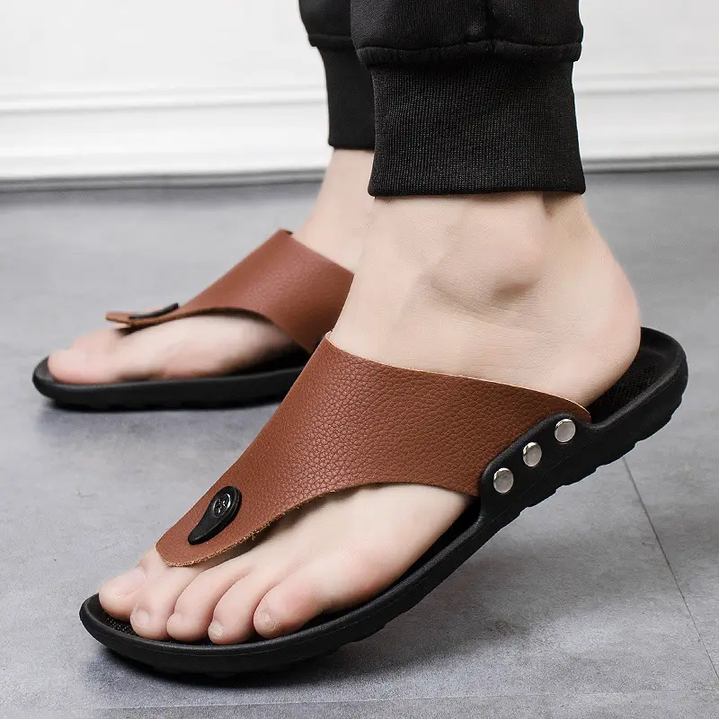 Men's Brown Leather Flip Flops Casual Sandals