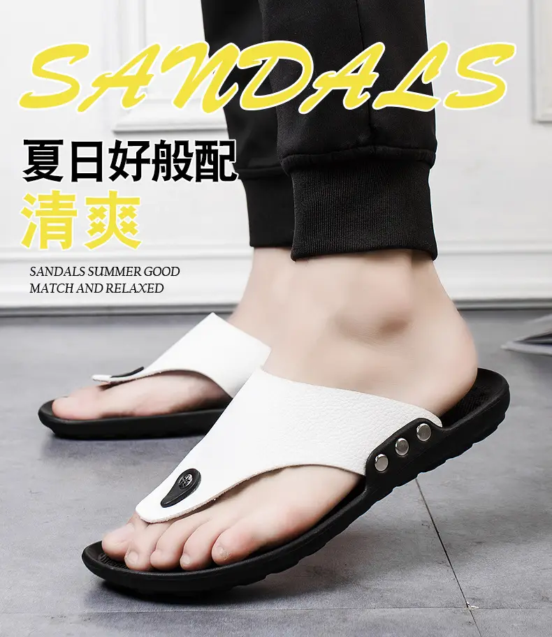 Men's Brown Leather Flip Flops Casual Sandals — feature 1