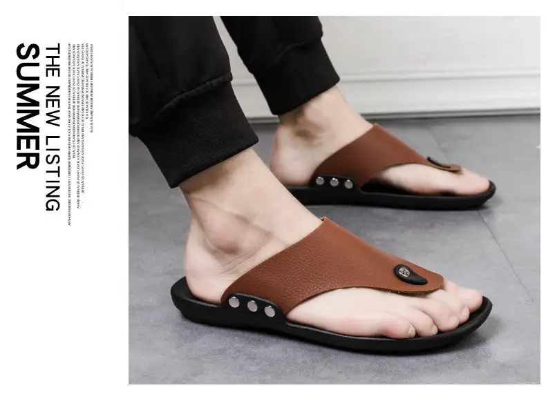 Men's Brown Leather Flip Flops Casual Sandals — feature 21