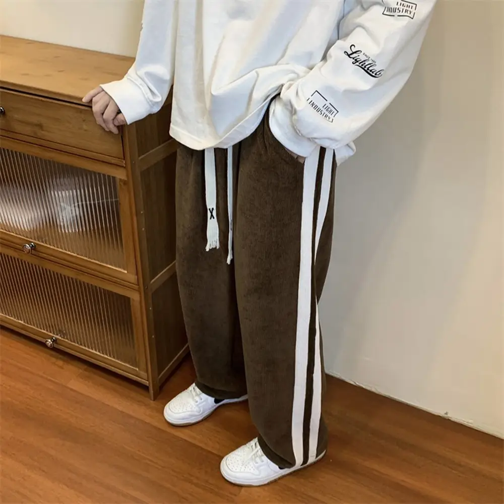 Men's Corduroy Striped Casual Pants Brown White