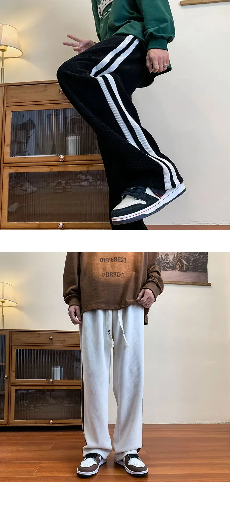 Men's Corduroy Striped Casual Pants Brown White — feature 13