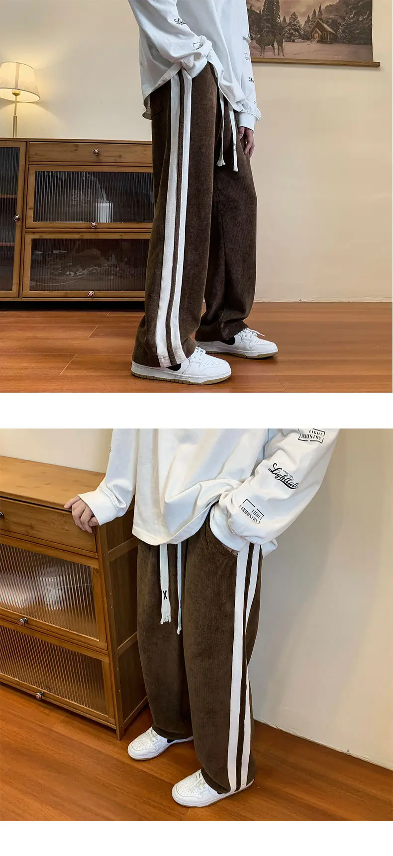 Men's Corduroy Striped Casual Pants Brown White — feature 4