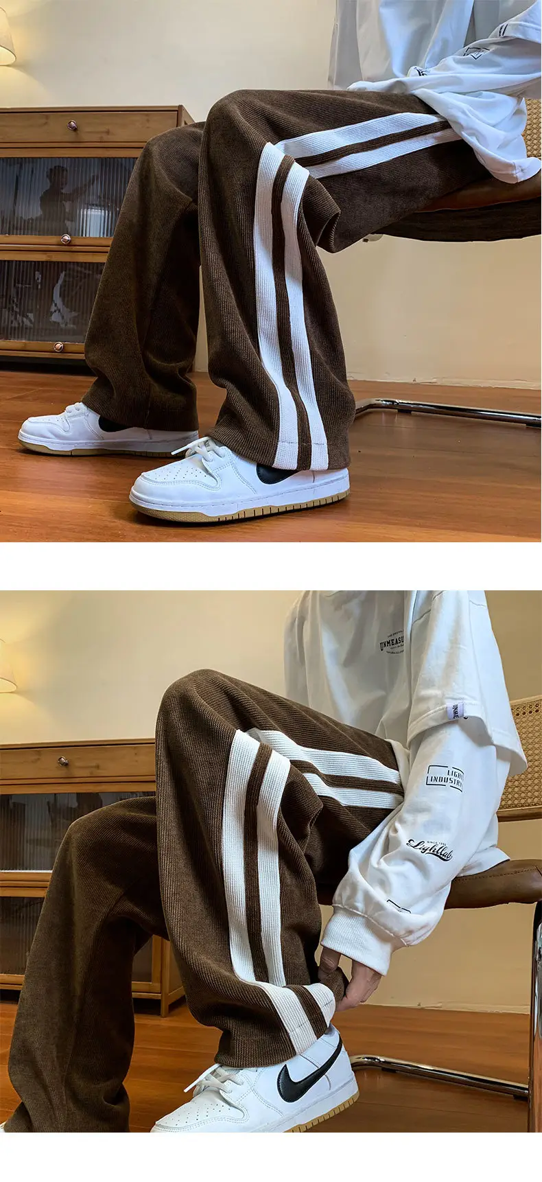 Men's Corduroy Striped Casual Pants Brown White — feature 5