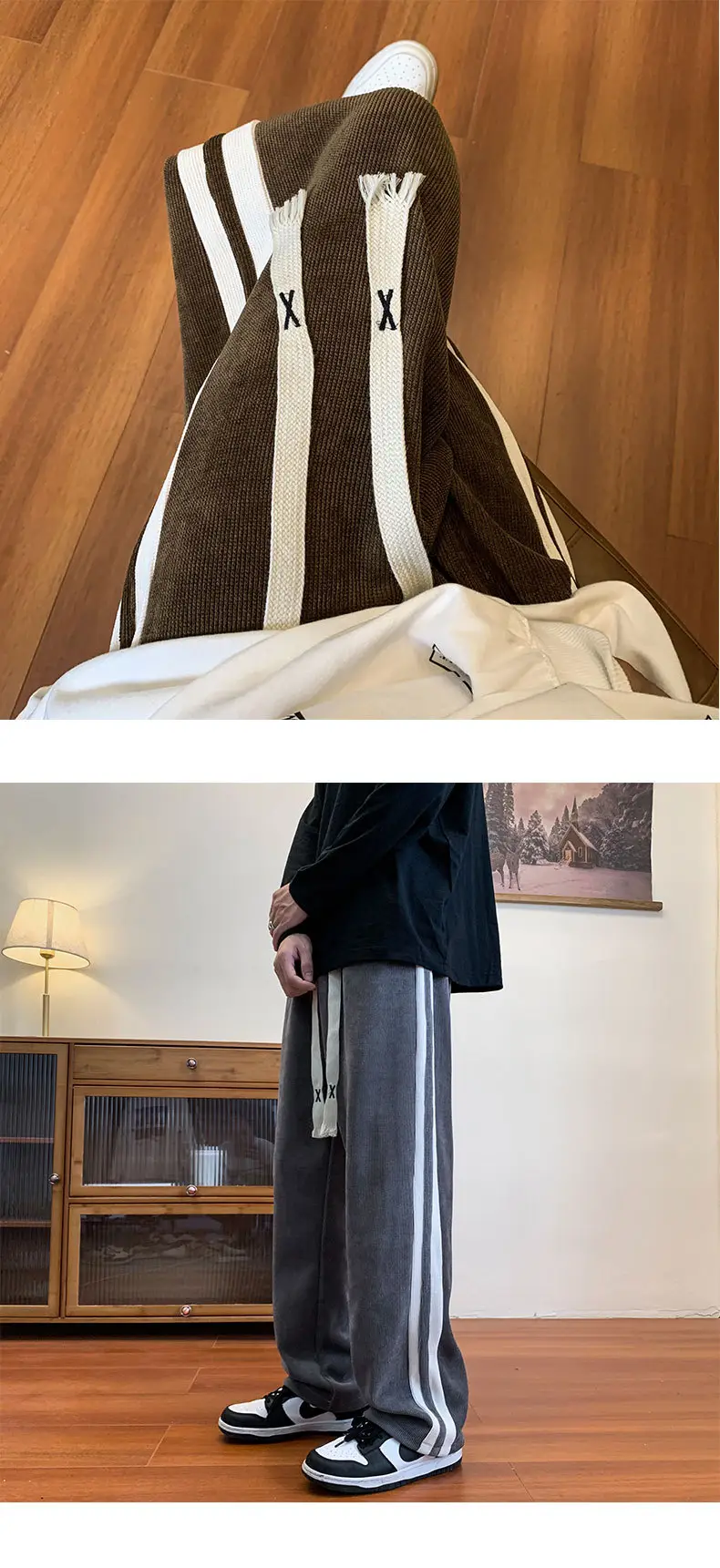 Men's Corduroy Striped Casual Pants Brown White — feature 6