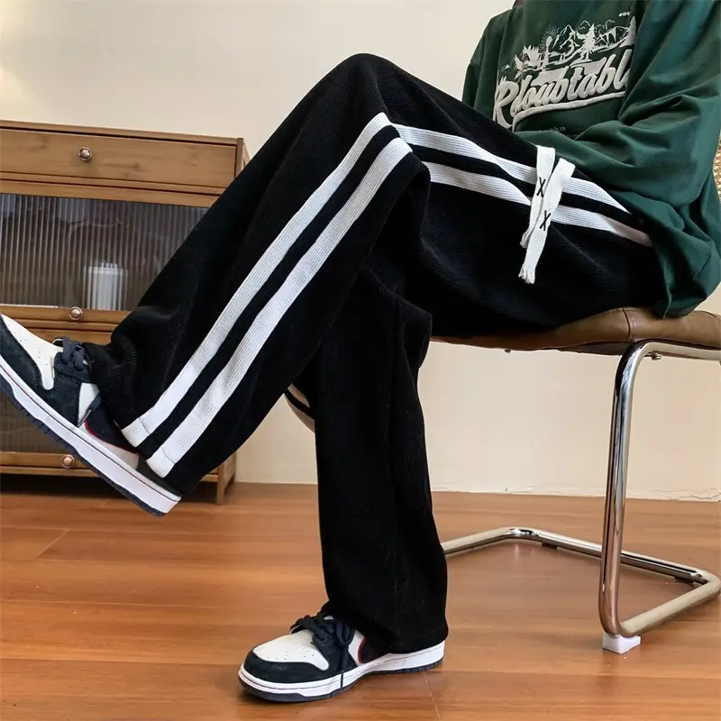 Men's Corduroy Striped Casual Pants Brown White