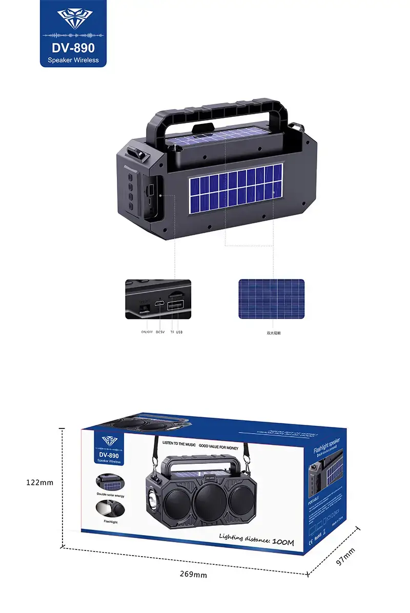 Solar Powered Wireless Bluetooth Speaker with Flashlight & Card Player — feature 8