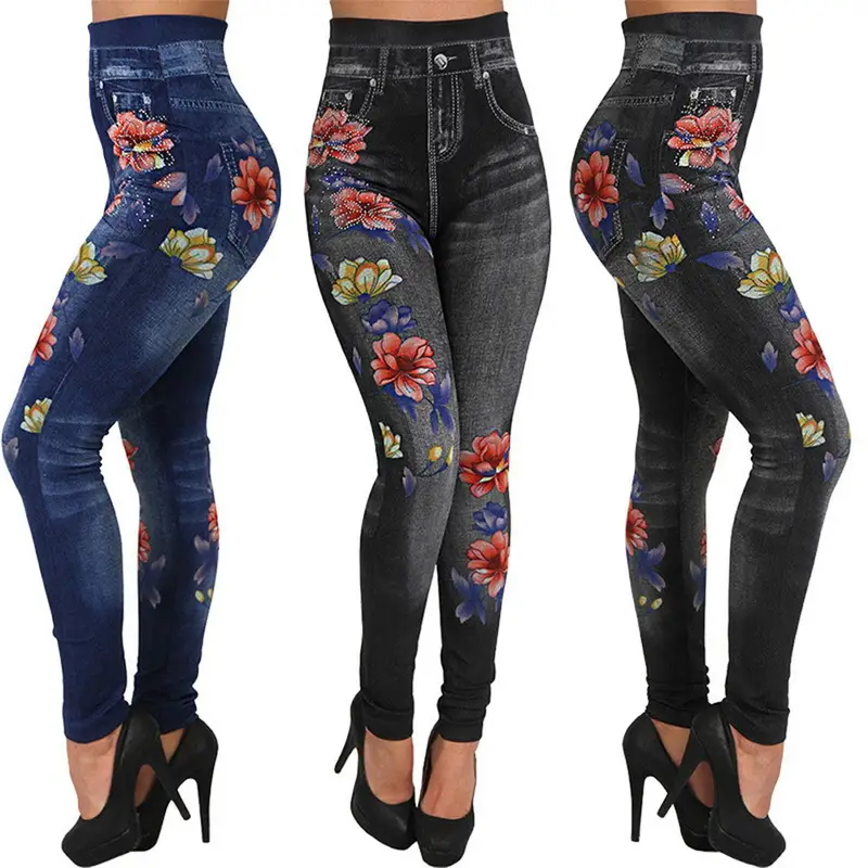 Floral Printed Seamless Leggings Blue High Heel - Image 4