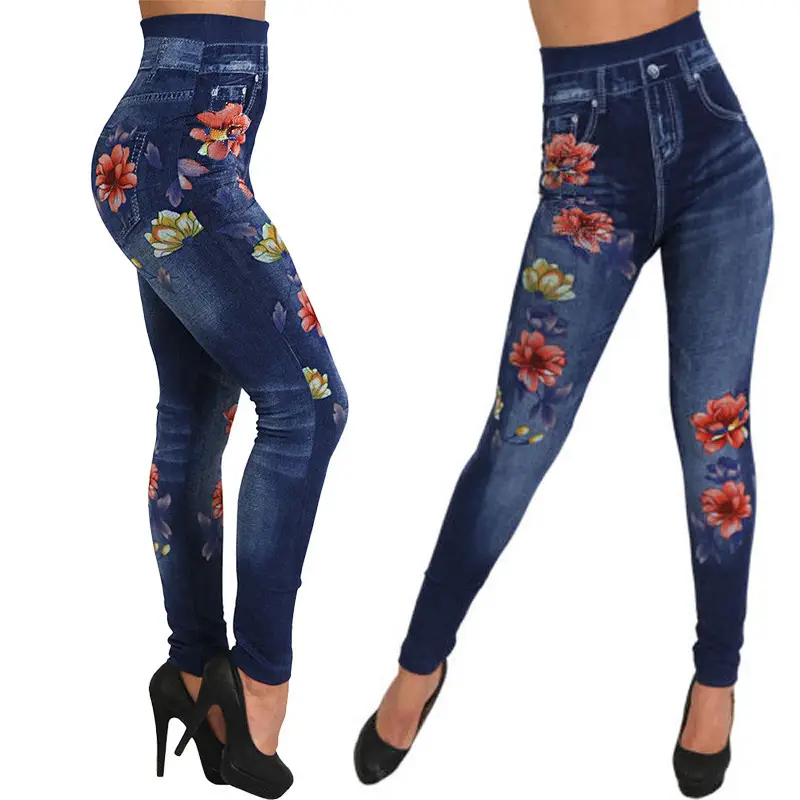 Floral Printed Seamless Leggings Blue High Heel - Image 5