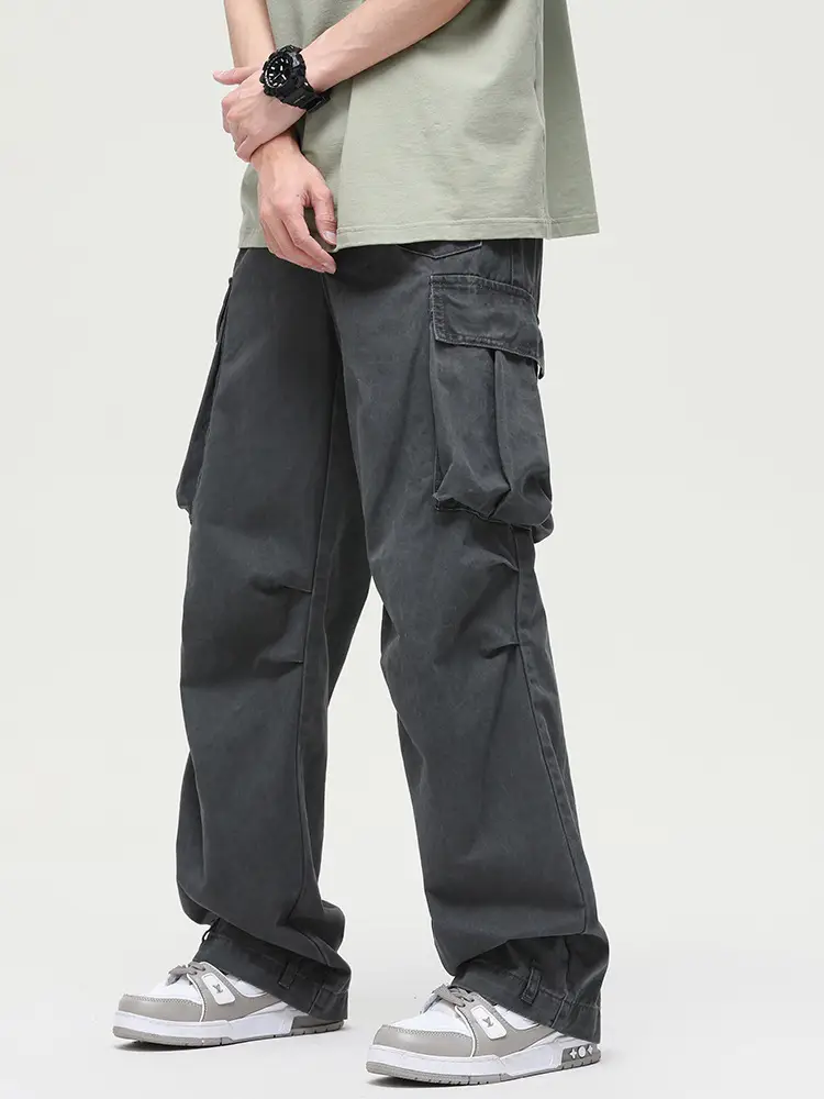 Men's Vintage Multi-Pocket Overalls Grey Loose Straight Pants - Image 4