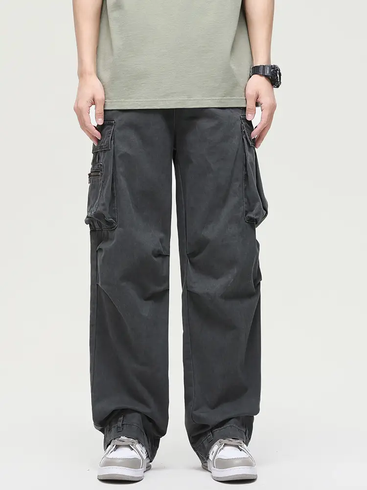 Men's Vintage Multi-Pocket Overalls Grey Loose Straight Pants - Image 5
