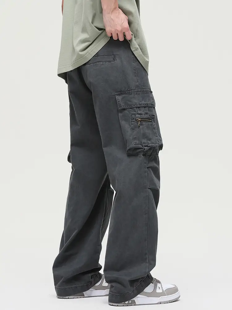 Men's Vintage Multi-Pocket Overalls Grey Loose Straight Pants - Image 6
