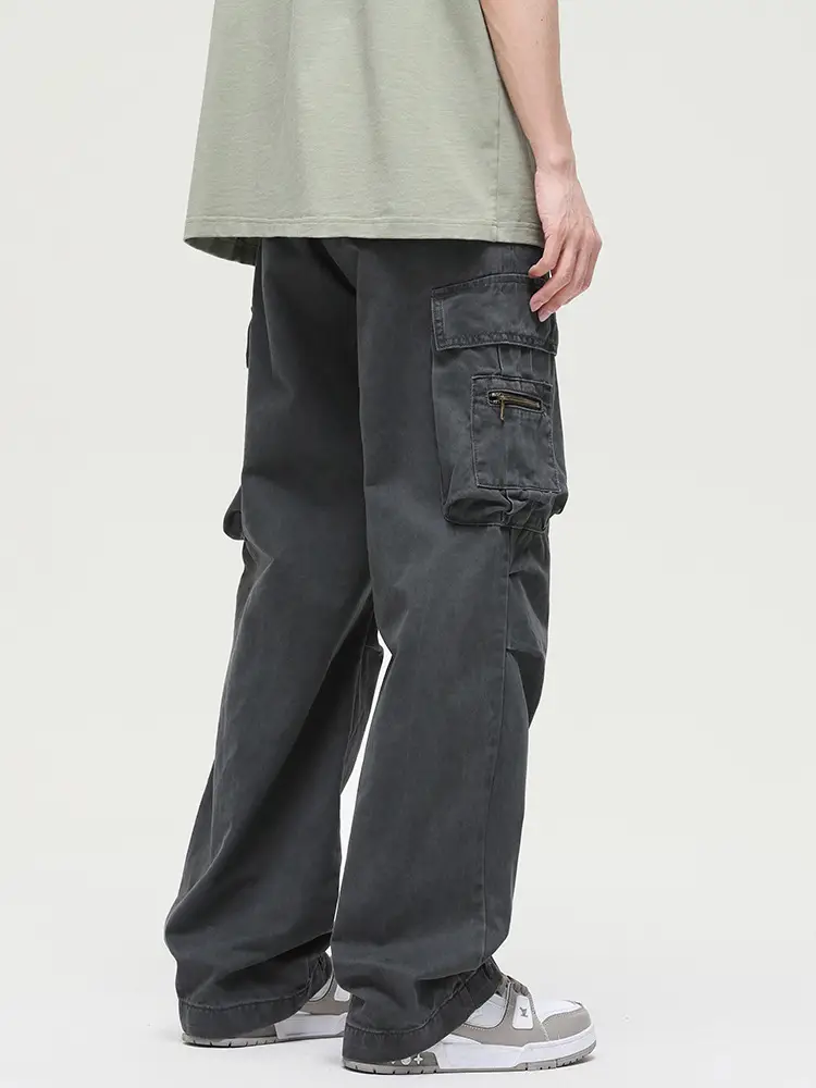 Men's Vintage Multi-Pocket Overalls Grey Loose Straight Pants - Image 7