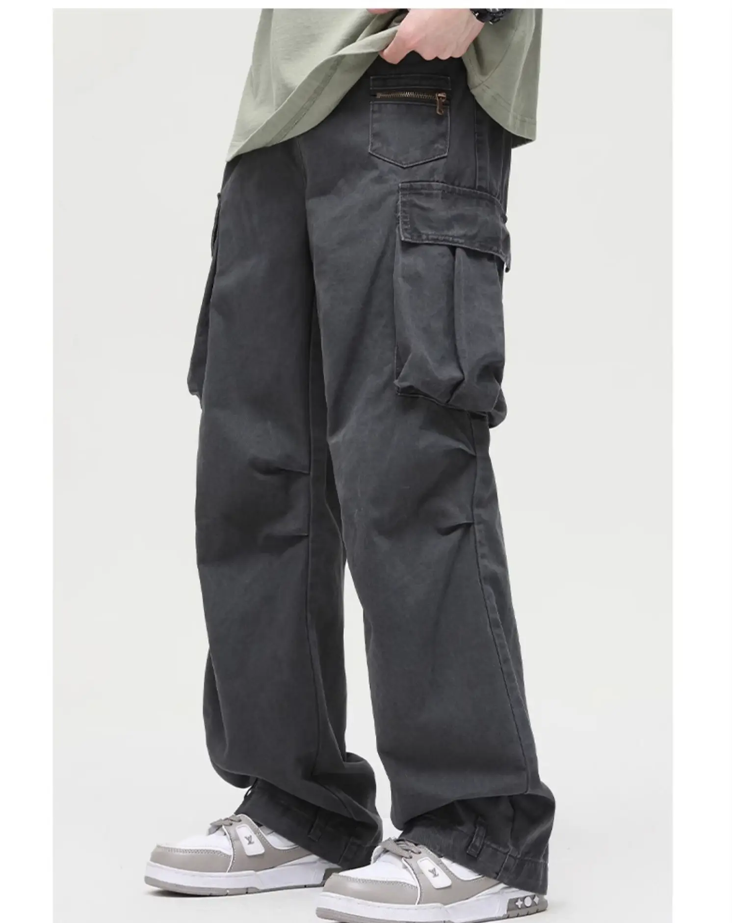 Men's Vintage Multi-Pocket Overalls Grey Loose Straight Pants — feature 2