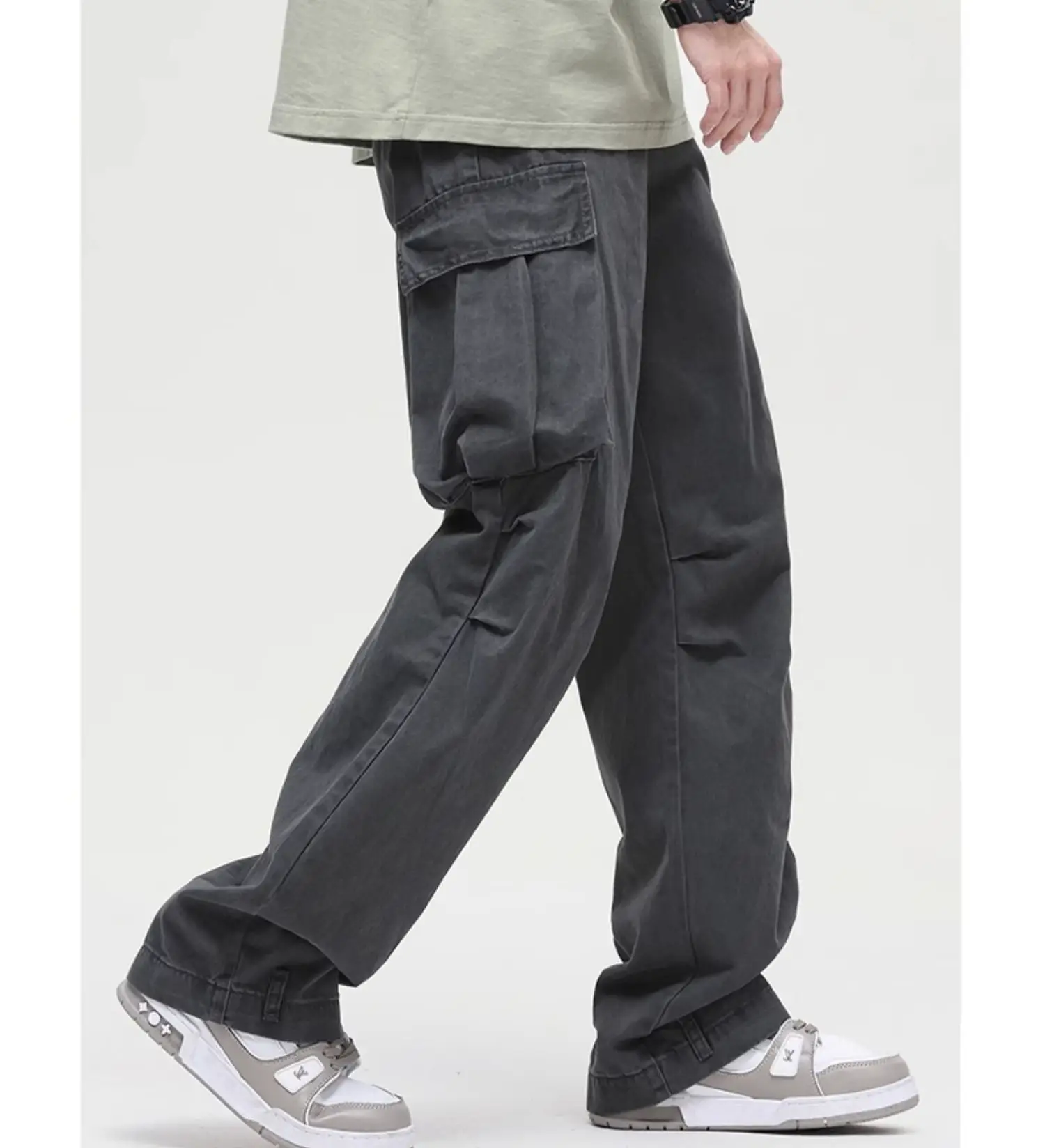 Men's Vintage Multi-Pocket Overalls Grey Loose Straight Pants — feature 3